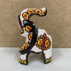Elephant Figurine Wood Hand Carved Painted Trunk Up Colorful Textured Lucky